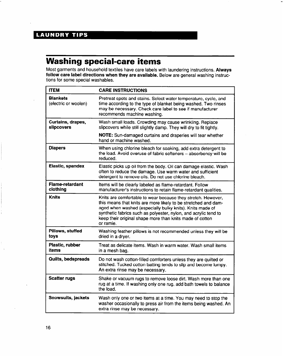 Washing special-care items | Whirlpool LSS7233DQ0 User Manual | Page 16 / 23