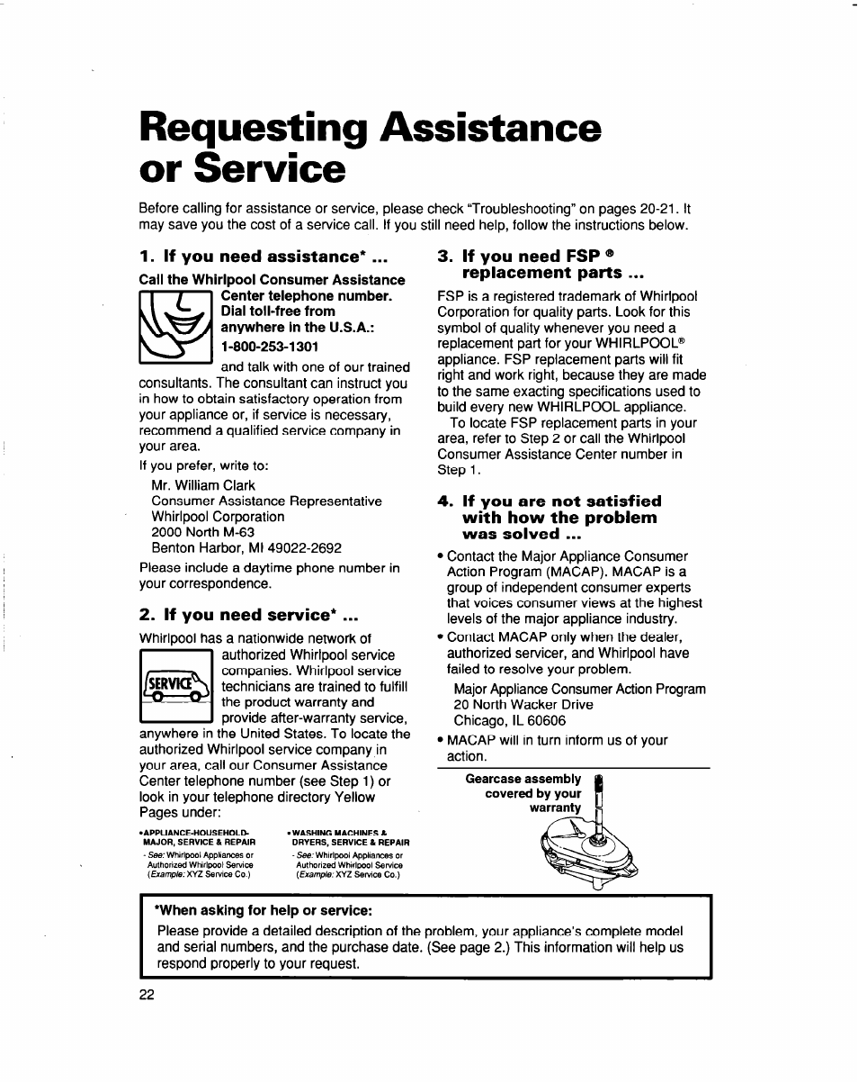If you need assistance, If you need service, If you need fsp ® replacement parts | Requesting assistance or service | Whirlpool LSS7233DQ0 User Manual | Page 22 / 23