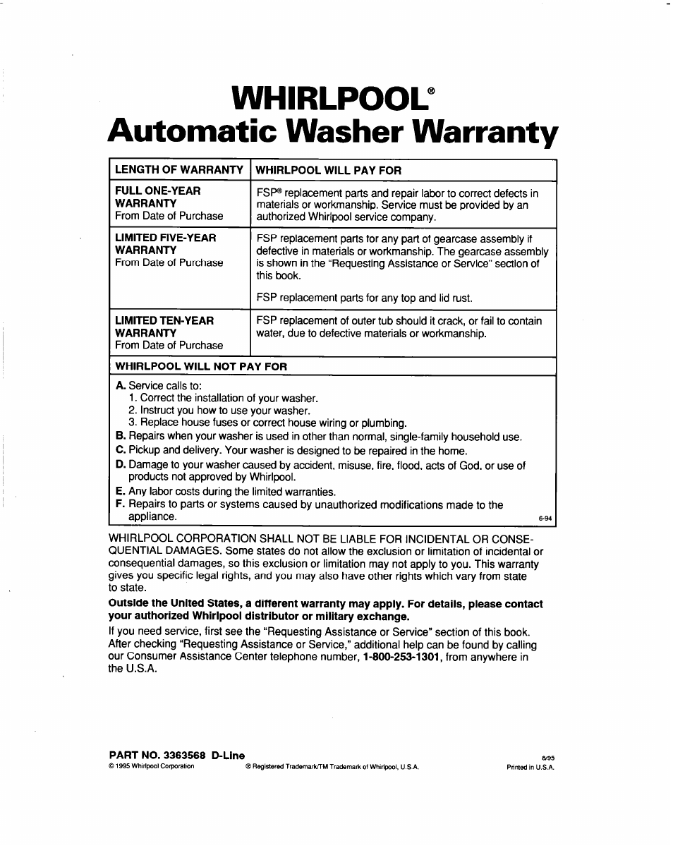 Part no. 3363568 d-line, Whirlpool^ automatic washer warranty | Whirlpool LSS7233DQ0 User Manual | Page 23 / 23