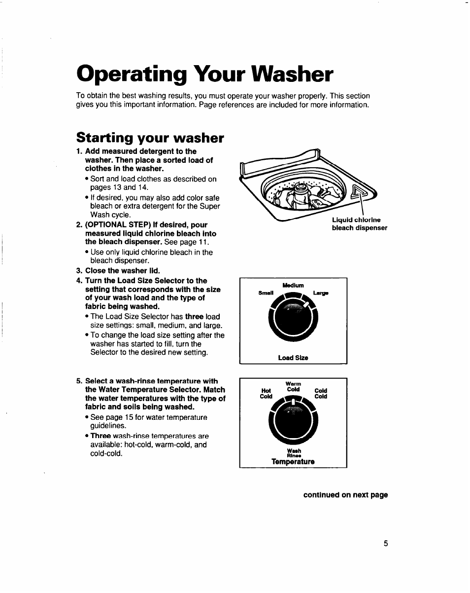 Starting your washer, Close the washer lid, Operating your washer | Whirlpool LSS7233DQ0 User Manual | Page 5 / 23