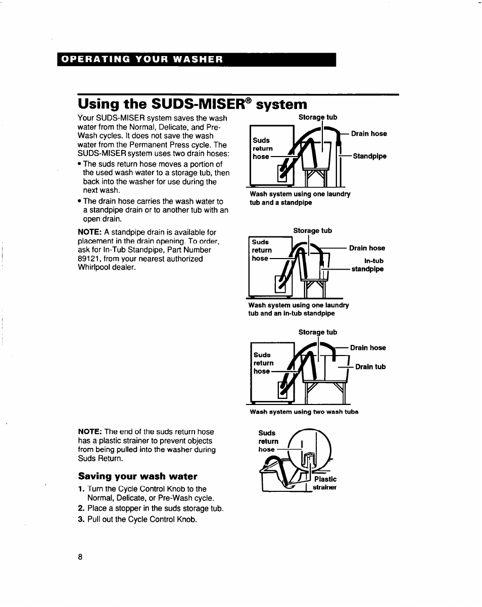 Using the suds-misere, Saving your wash water, Starting your washer | System | Whirlpool LSS7233DQ0 User Manual | Page 8 / 23