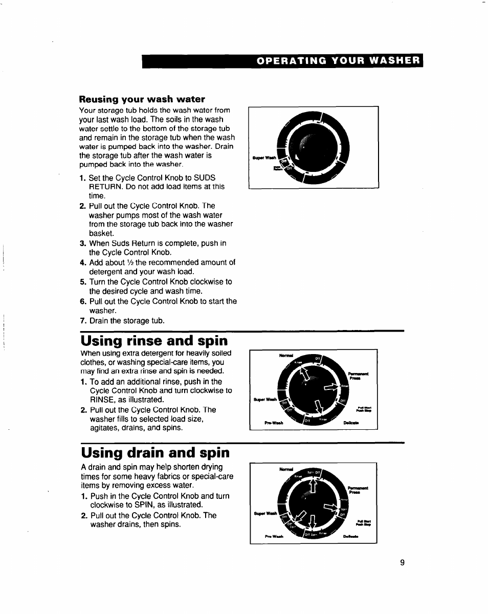 Reusing your wash water, Using rinse and spin, Using drain and spin | Whirlpool LSS7233DQ0 User Manual | Page 9 / 23