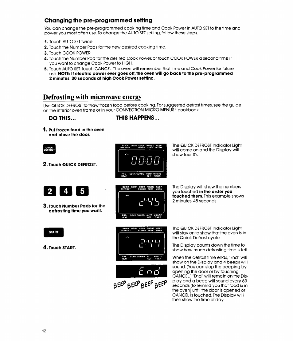 Changing the pre-programmed setting, Defrosting with microwave energy, This happens | Whirlpool MCB790XT User Manual | Page 12 / 36