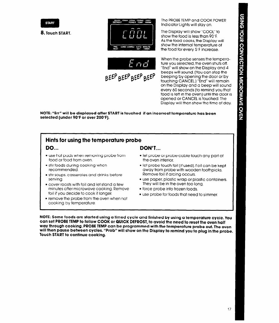 Hints for using the temperature probe do... don’t | Whirlpool MCB790XT User Manual | Page 17 / 36