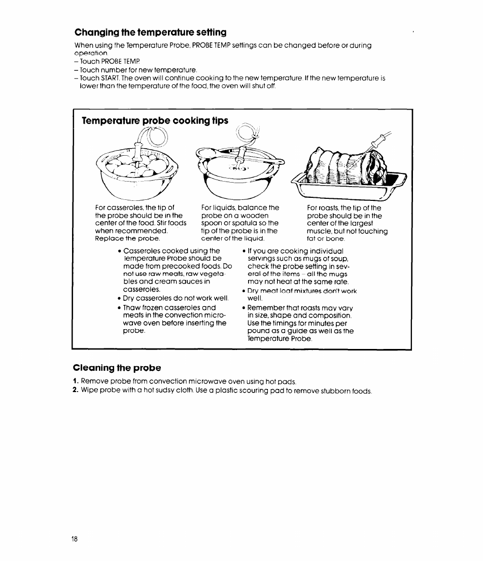 Changing the temperature setting, Cleaning the probe | Whirlpool MCB790XT User Manual | Page 18 / 36