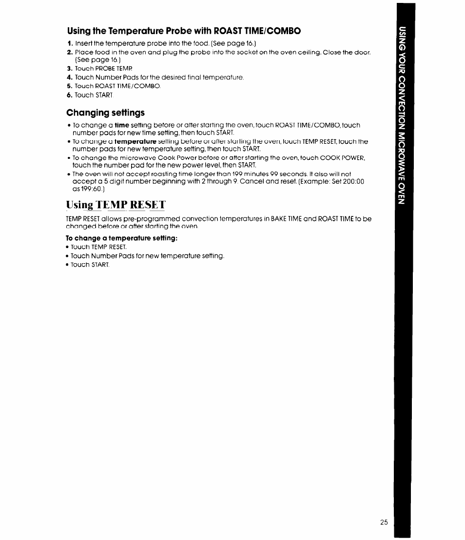 Using the temperature probe with roast time/combo, Changing settings, Using temp reset | Whirlpool MCB790XT User Manual | Page 25 / 36