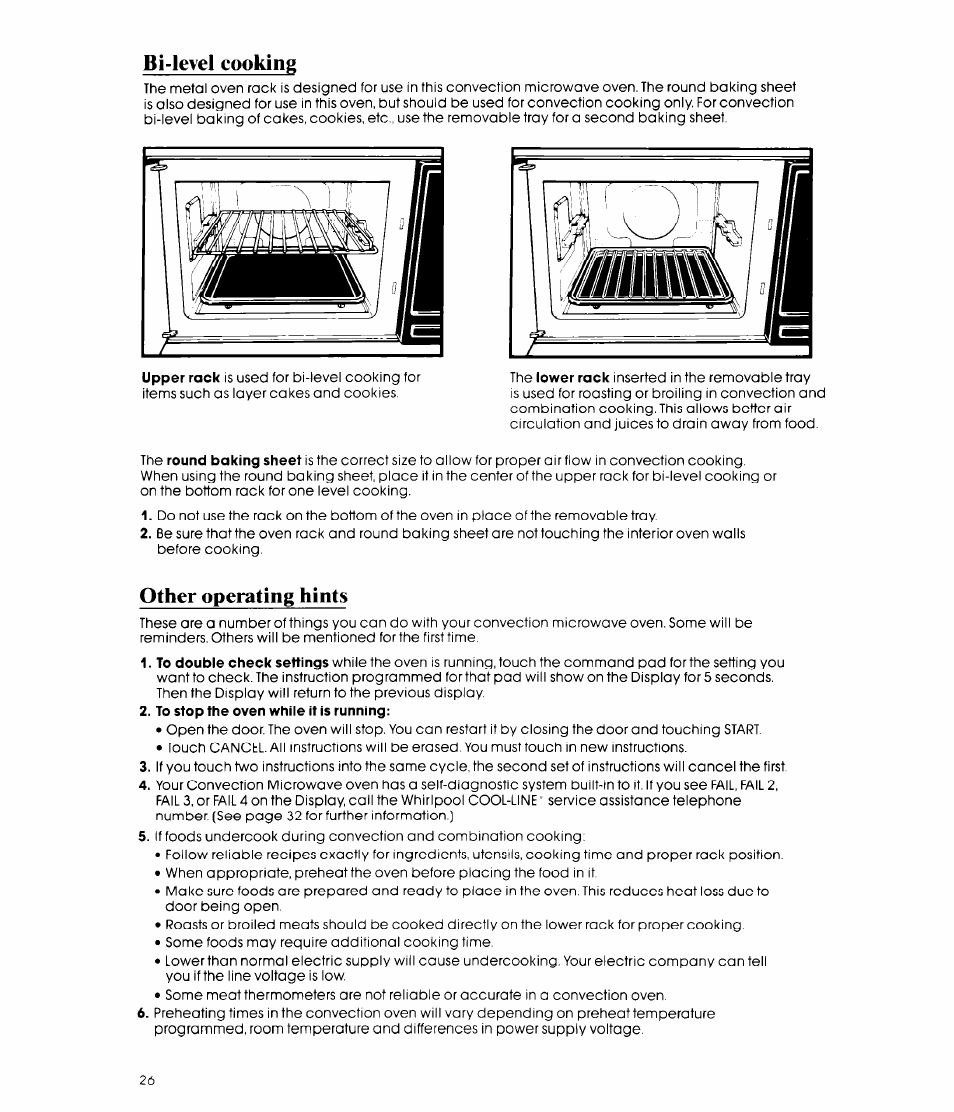 Other operating hints, Bi-level cooking | Whirlpool MCB790XT User Manual | Page 26 / 36