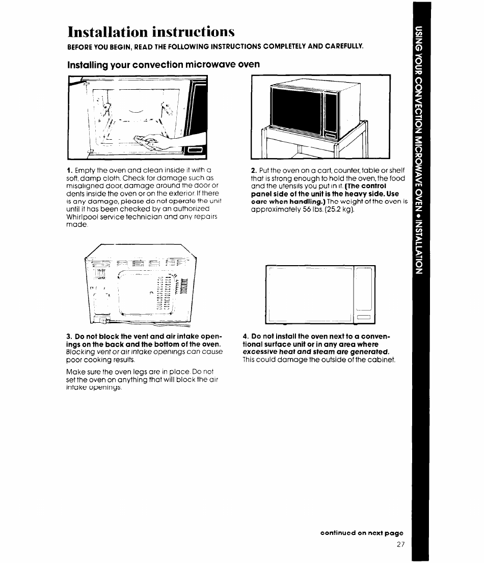 Installing your convection microwave oven, Installation instructions | Whirlpool MCB790XT User Manual | Page 27 / 36