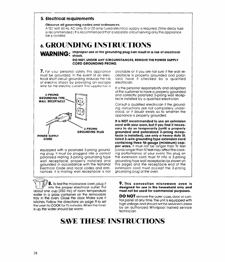 Electrical requirements, Grounding instructions, Save these instructions | Whirlpool MCB790XT User Manual | Page 28 / 36