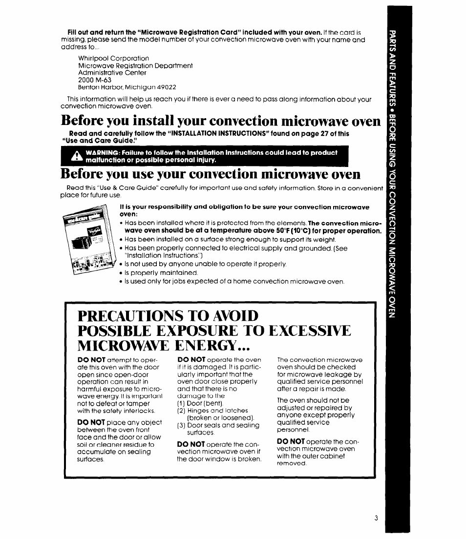Before you install your convection microwave oven, Before you use your convection microwave oven | Whirlpool MCB790XT User Manual | Page 3 / 36