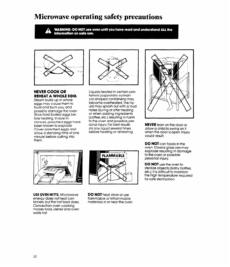 Never cook or reheat a whole egg, Microwave operating safety precautions | Whirlpool MCB790XT User Manual | Page 30 / 36