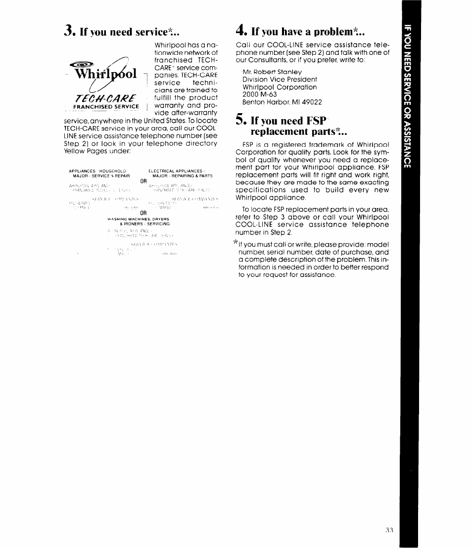 If you have a problem, If you need fsp replacement parts, If you need service | Rfc//-ca/гf, Whirlpool | Whirlpool MCB790XT User Manual | Page 33 / 36