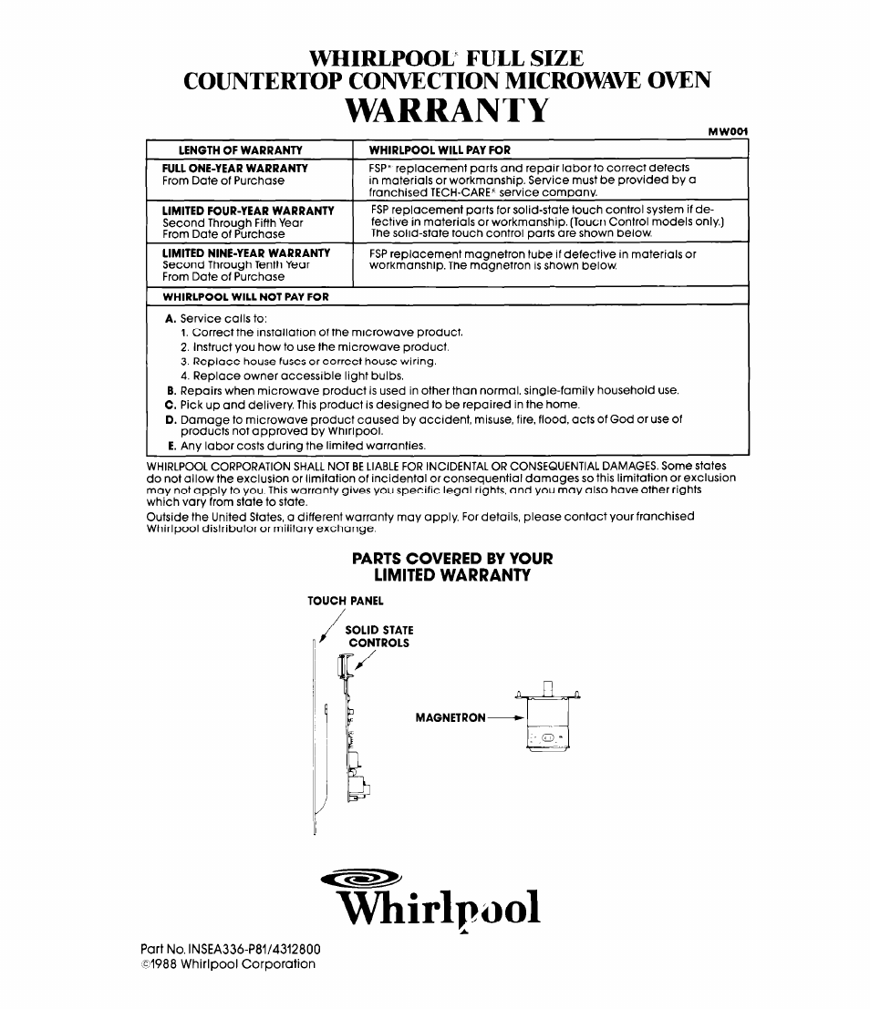 Parts covered by your limited warranty, Whirlpool, Warranty | Whirlpool MCB790XT User Manual | Page 36 / 36