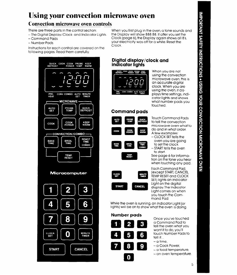 Convection micronave oven controls, Digital display/clock and indicator lights, Command pads | Using your convection microwave oven, I l u u, Number pads | Whirlpool MCB790XT User Manual | Page 5 / 36