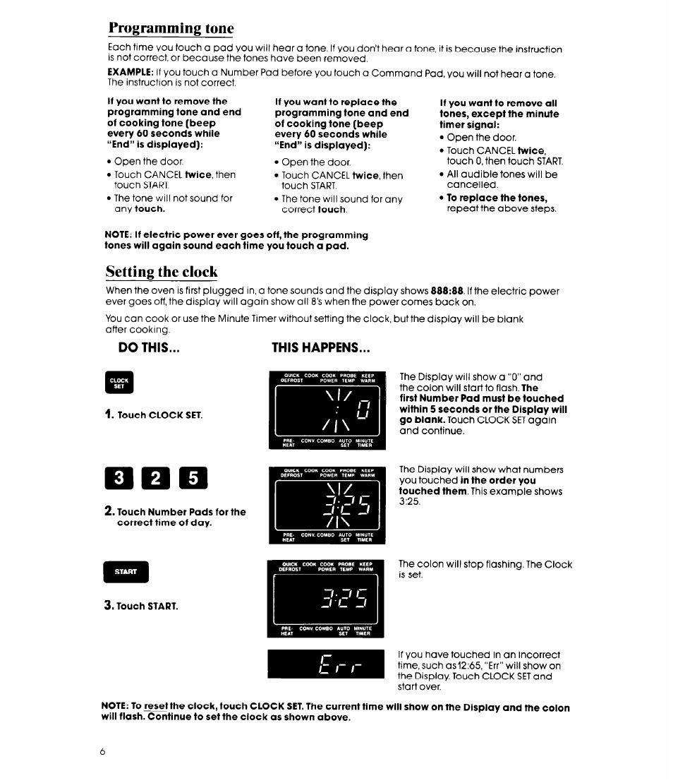 Programming tone, Setting the clock, Do this | This happens | Whirlpool MCB790XT User Manual | Page 6 / 36