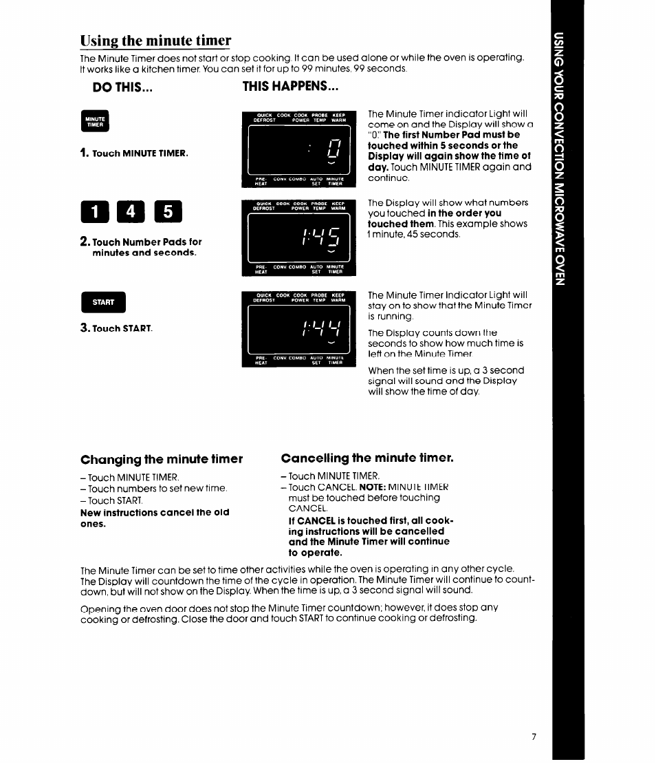 Do this, This happens, Changing the minute timer | Canceiiing the minute timer, Using the minute timer | Whirlpool MCB790XT User Manual | Page 7 / 36