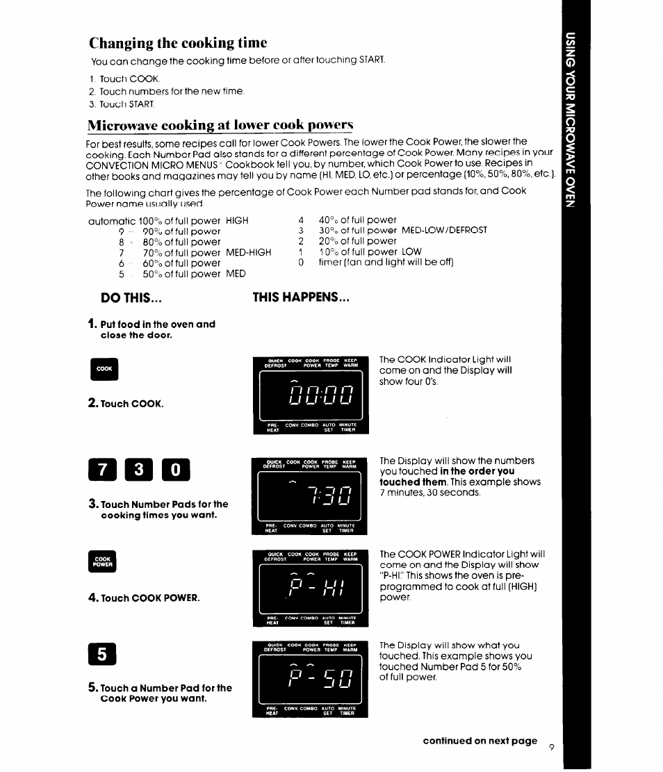 Changing the cooking time, Microwave cooking at lower cook powers, Do this | This happens, U u u u | Whirlpool MCB790XT User Manual | Page 9 / 36