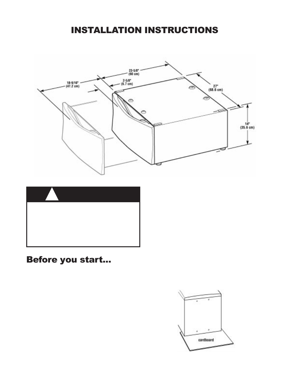Warning, Installation instructions, Before you start | Pedestal, Uninstalling the washer | Whirlpool GHW9100L User Manual | Page 14 / 72