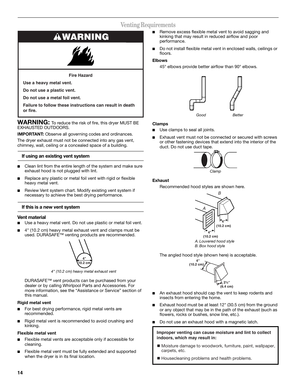 Venting requirements, Warning | Whirlpool Duet W10049540 User Manual | Page 14 / 28