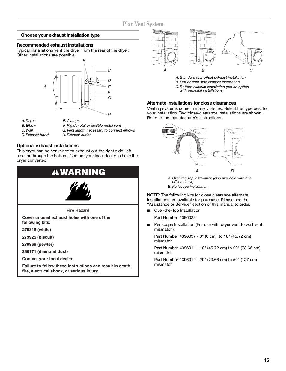 Warning, Plan vent system | Whirlpool Duet W10049540 User Manual | Page 15 / 28