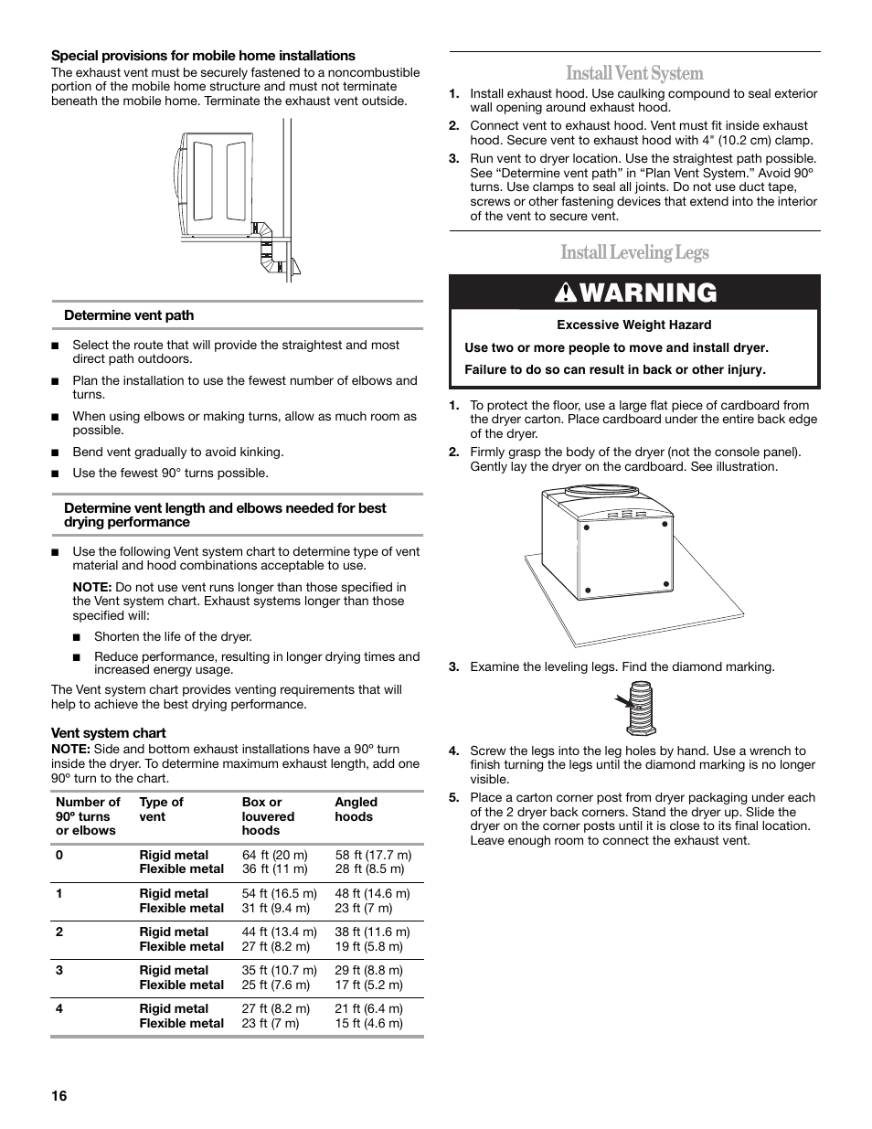 Warning, Install vent system, Install leveling legs | Whirlpool Duet W10049540 User Manual | Page 16 / 28