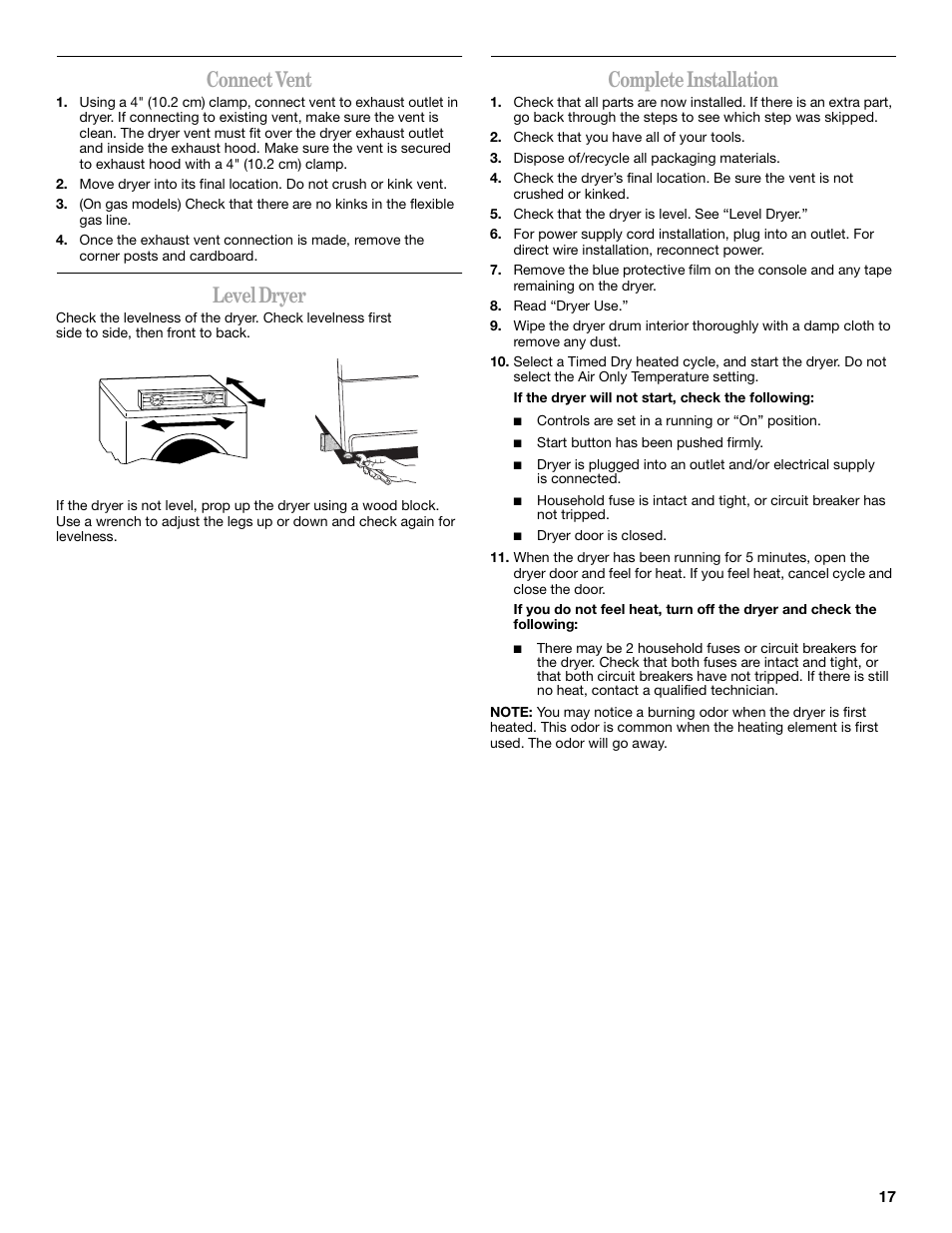 Connect vent, Level dryer, Complete installation | Whirlpool Duet W10049540 User Manual | Page 17 / 28