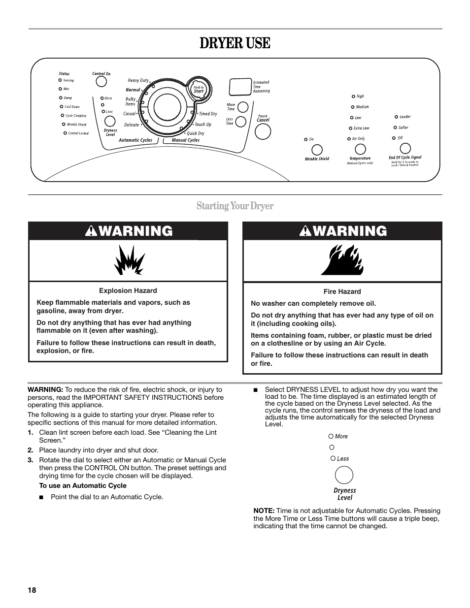 Dryer use, Warning, Starting your dryer | Whirlpool Duet W10049540 User Manual | Page 18 / 28