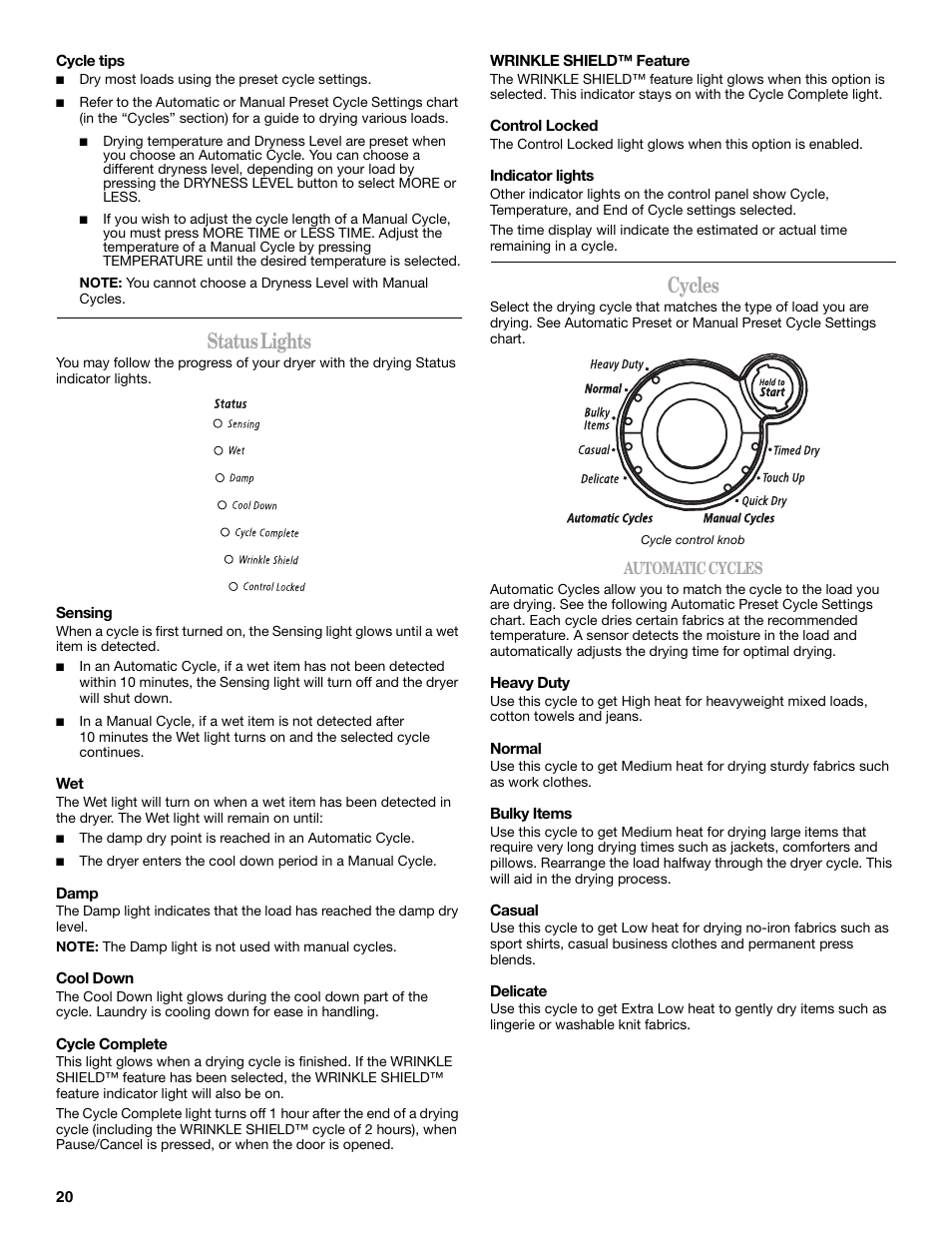 Status lights, Cycles | Whirlpool Duet W10049540 User Manual | Page 20 / 28