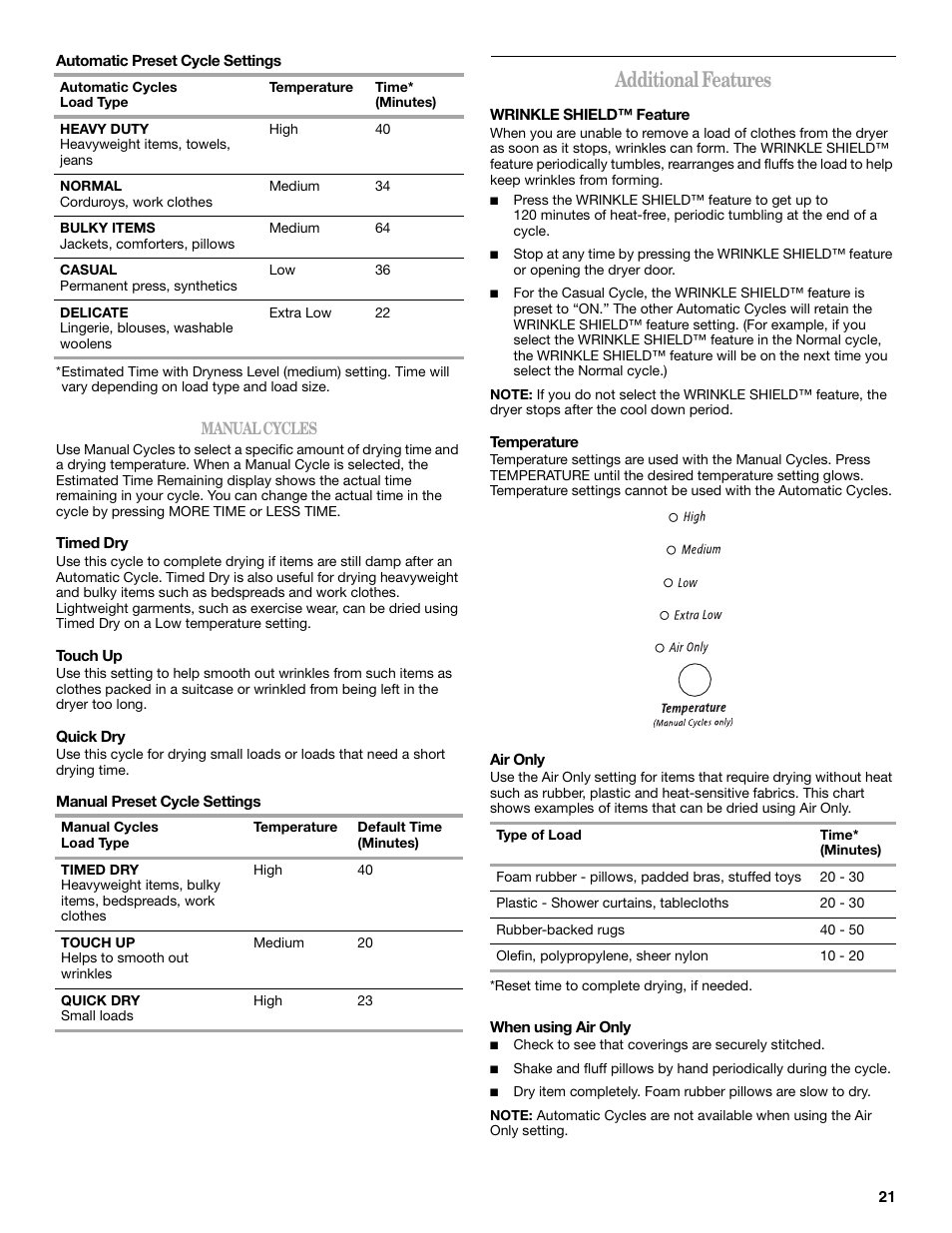 Additional features | Whirlpool Duet W10049540 User Manual | Page 21 / 28