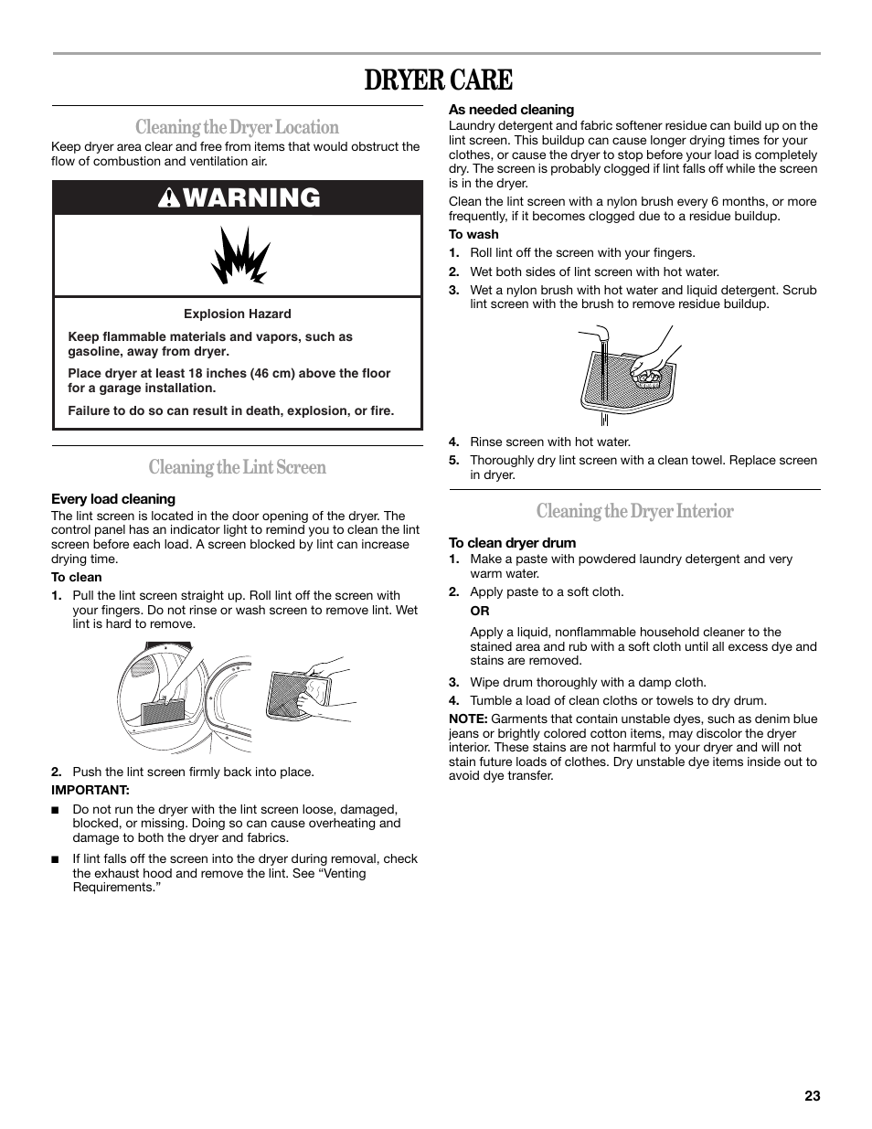 Dryer care, Warning, Cleaning the dryer location | Cleaning the lint screen, Cleaning the dryer interior | Whirlpool Duet W10049540 User Manual | Page 23 / 28