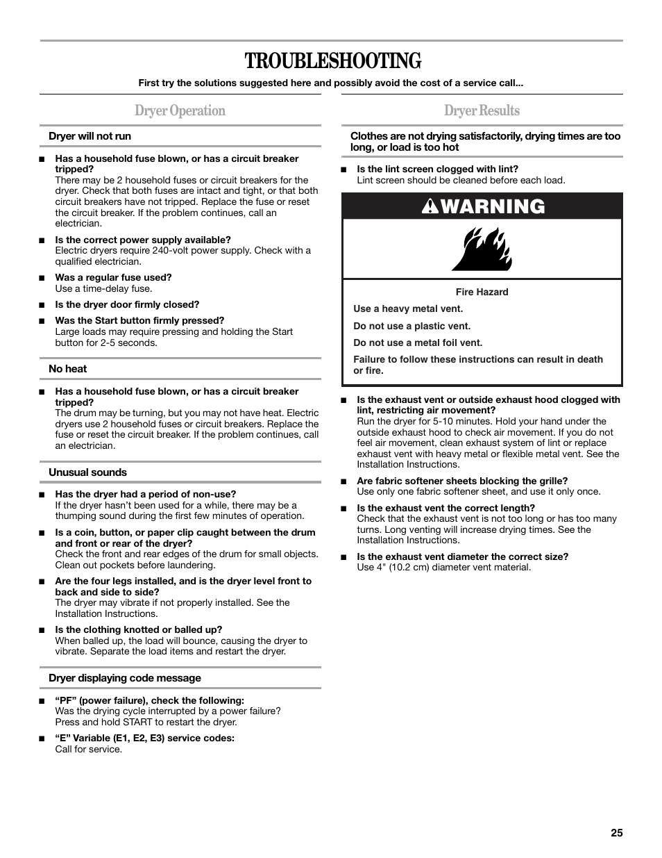 Troubleshooting, Warning, Dryer operation | Dryer results | Whirlpool Duet W10049540 User Manual | Page 25 / 28