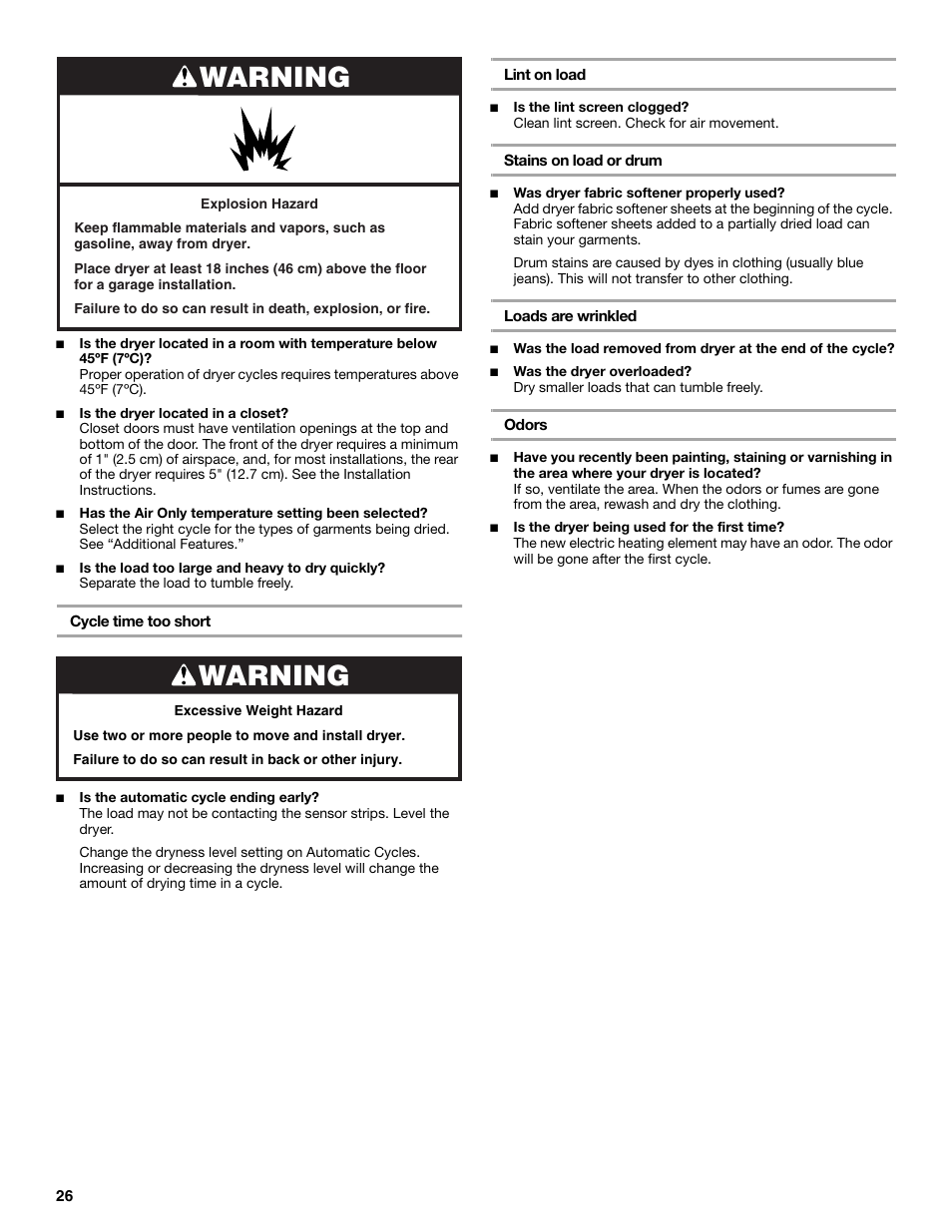 Warning | Whirlpool Duet W10049540 User Manual | Page 26 / 28