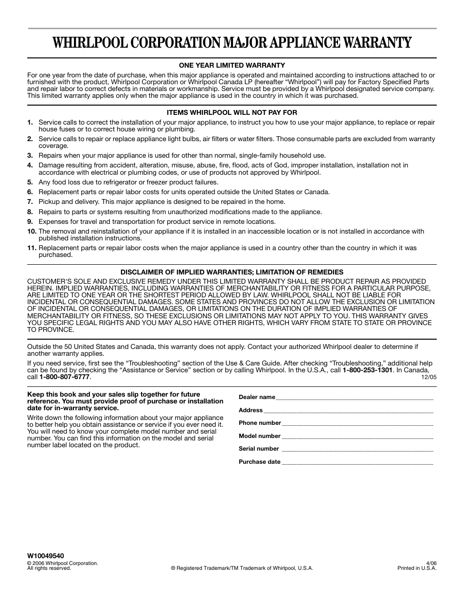 Whirlpool corporation major appliance warranty | Whirlpool Duet W10049540 User Manual | Page 28 / 28