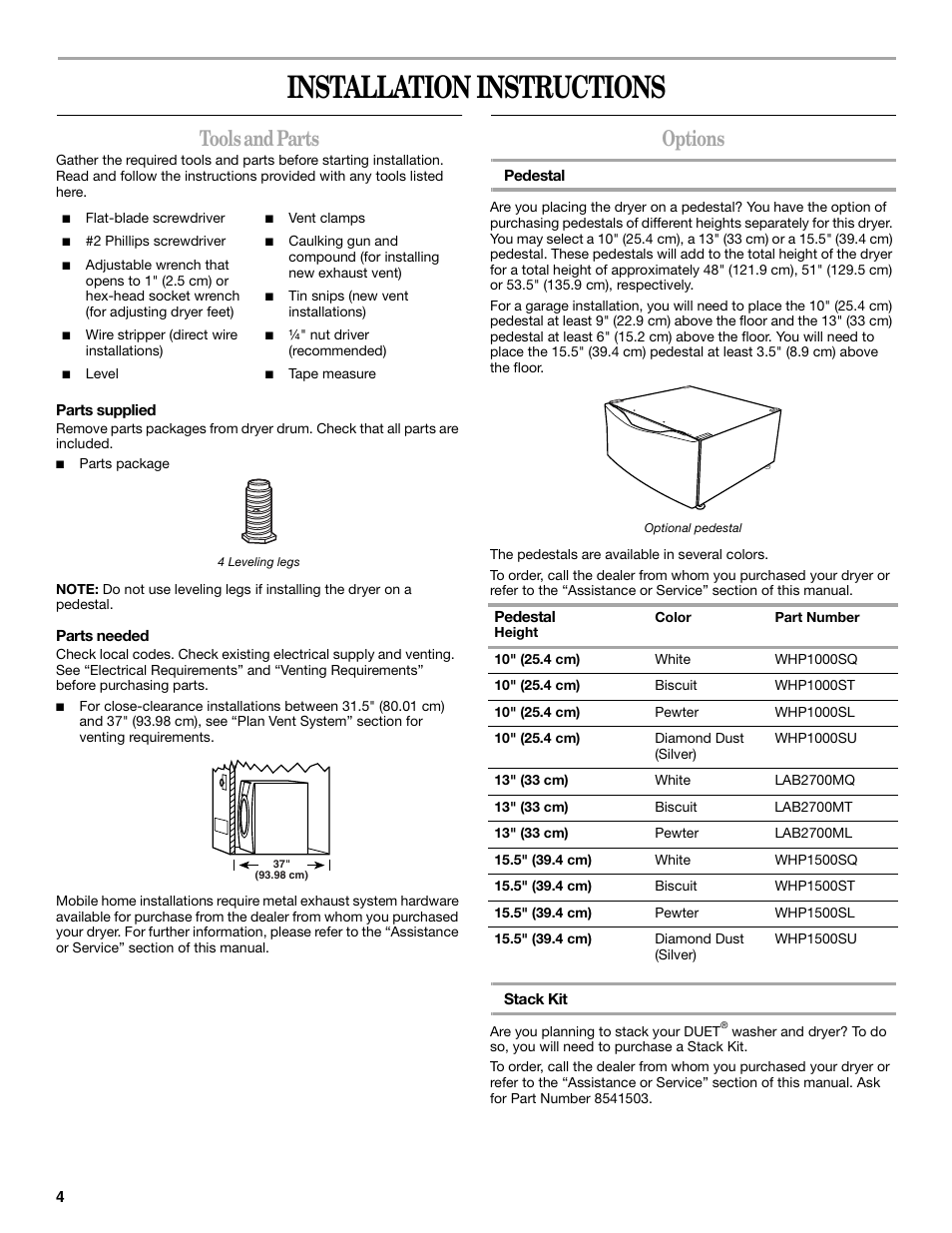 Installation instructions, Tools and parts, Options | Whirlpool Duet W10049540 User Manual | Page 4 / 28