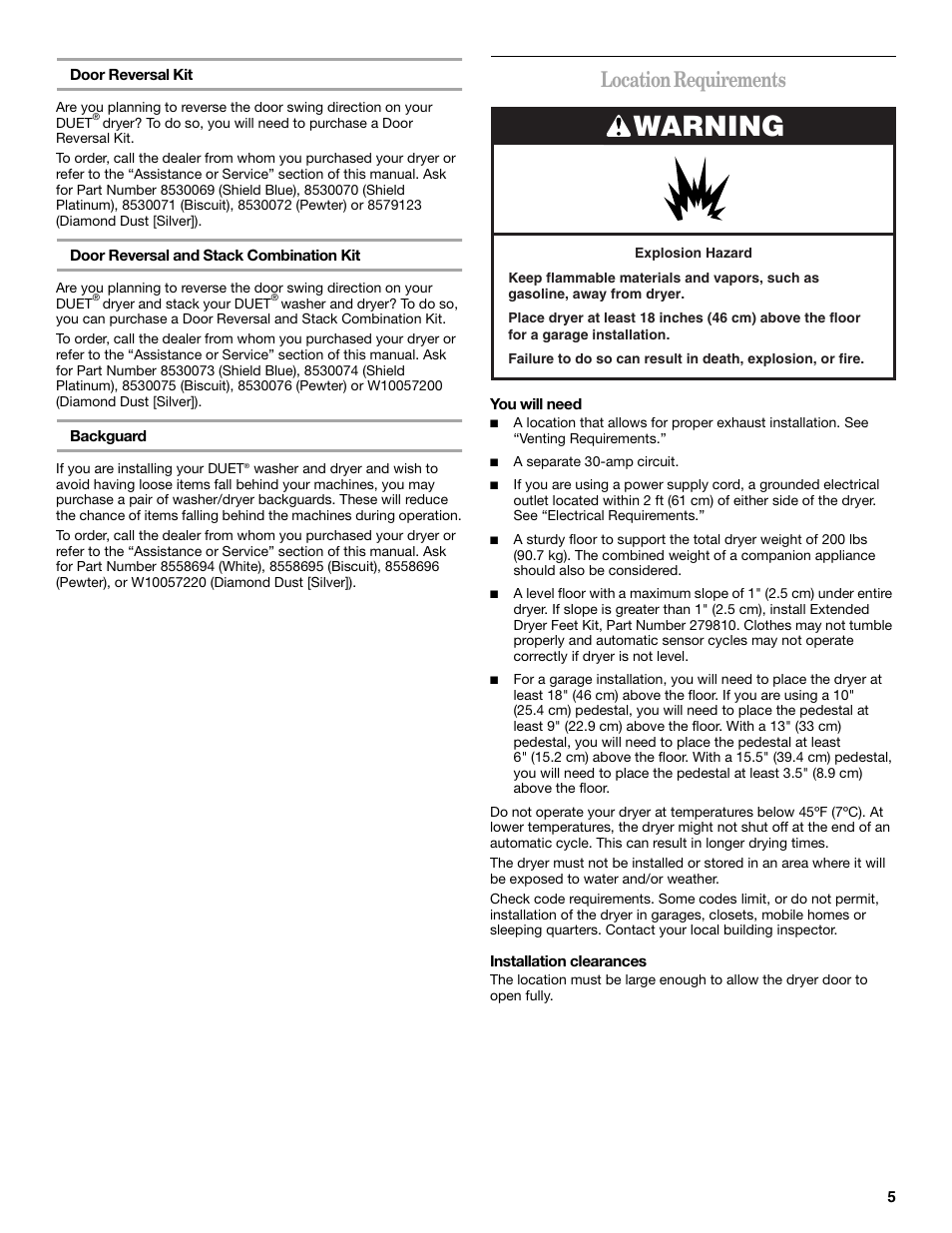 Warning, Location requirements | Whirlpool Duet W10049540 User Manual | Page 5 / 28