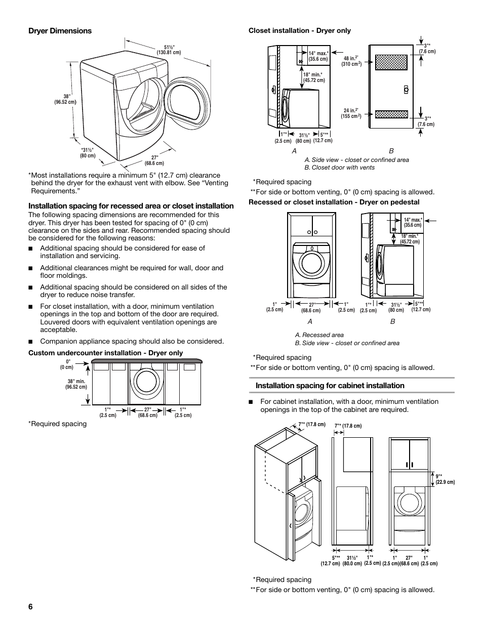 6dryer dimensions, Installation spacing for cabinet installation | Whirlpool Duet W10049540 User Manual | Page 6 / 28