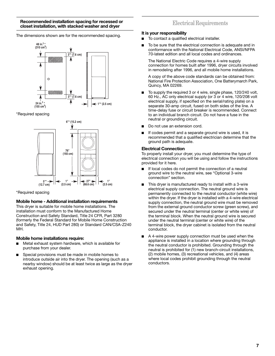 Electrical requirements, Mobile home - additional installation requirements, Mobile home installations require | It is your responsibility, Electrical connection | Whirlpool Duet W10049540 User Manual | Page 7 / 28