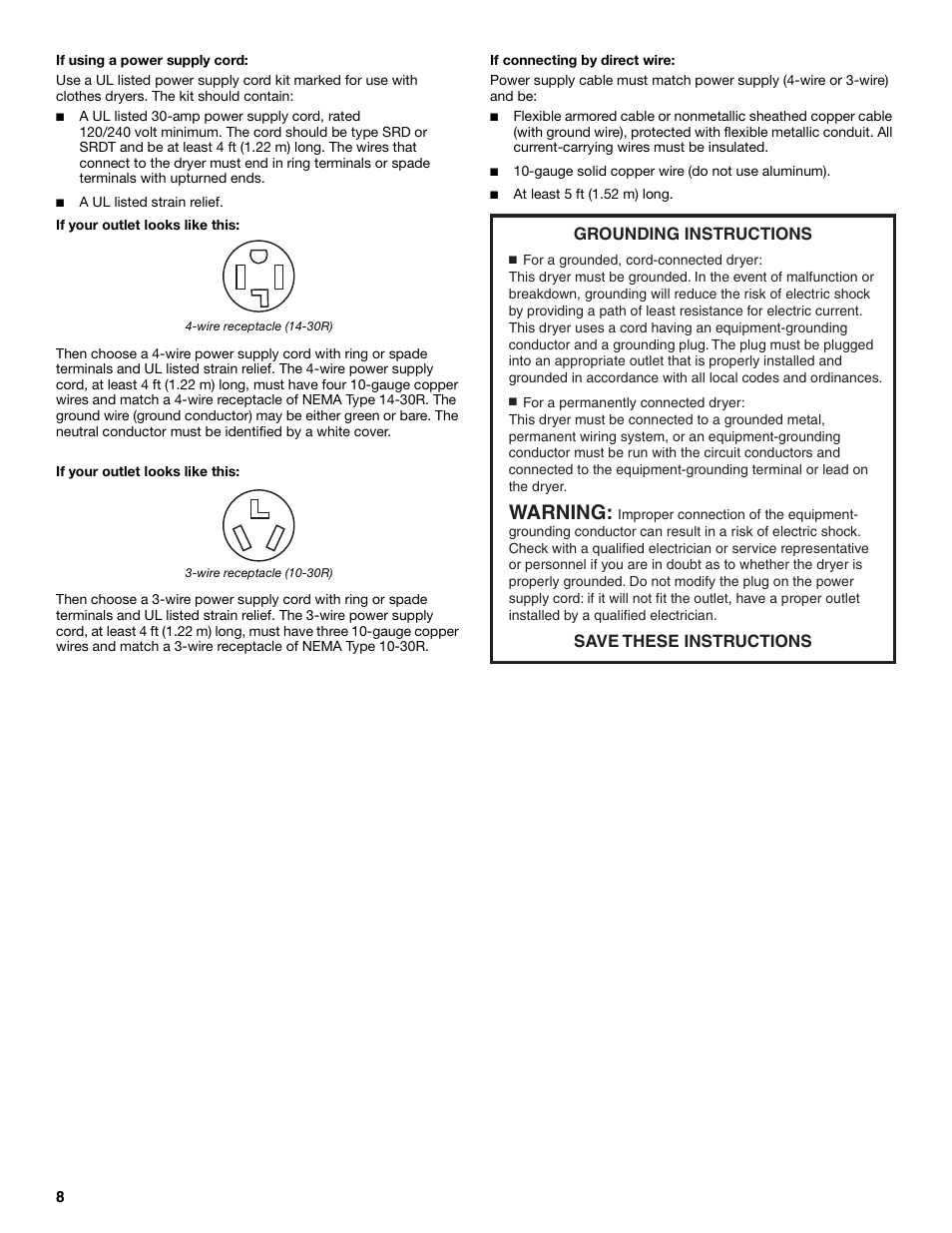 Warning, Grounding instructions save these instructions | Whirlpool Duet W10049540 User Manual | Page 8 / 28