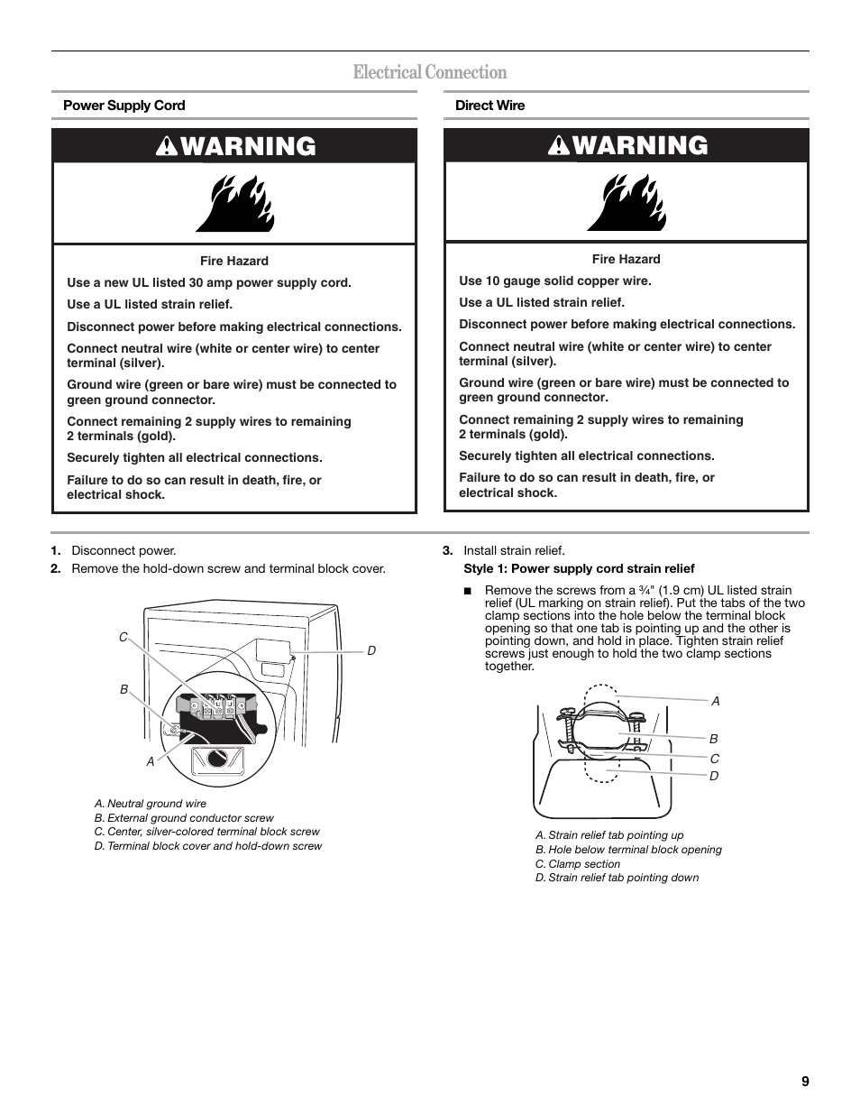 Warning, Electrical connection | Whirlpool Duet W10049540 User Manual | Page 9 / 28