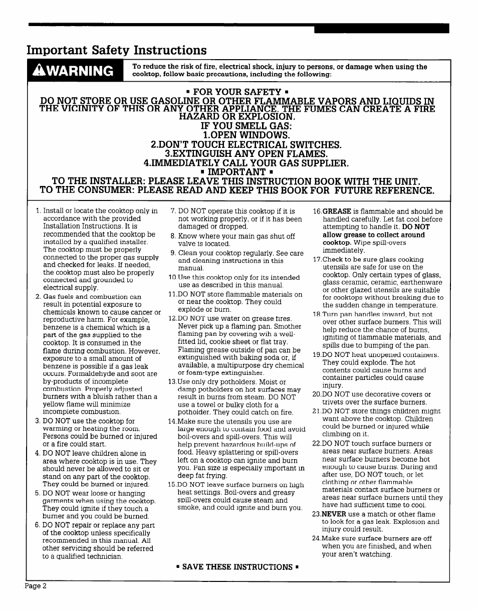 For your safety, Hazard or explosion, If you smell gas: l.open windows | Don’t touch electrical switches, Extinguish any open flames, Immediately call your gas supplier, Important, Warning, Important safety instructions | Whirlpool CGX655V User Manual | Page 2 / 8