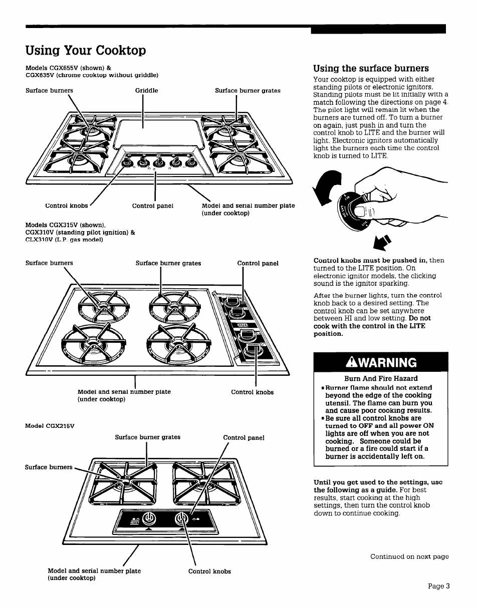 Using your cooktop, Using the surface burners, Warning | Whirlpool CGX655V User Manual | Page 3 / 8