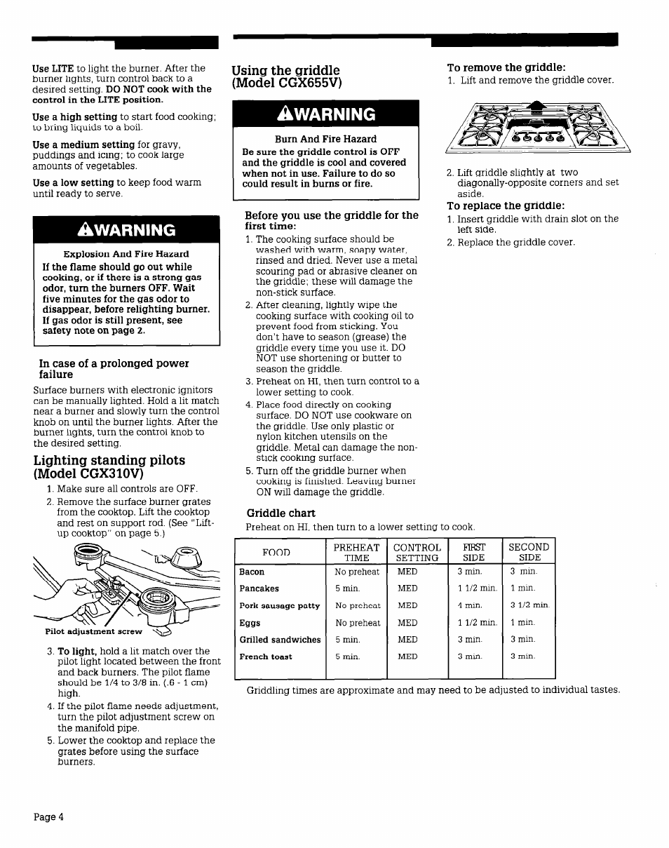 Lighting standing pilots (model cgx310v), Using the griddle (model cgx655v), Warning | Whirlpool CGX655V User Manual | Page 4 / 8