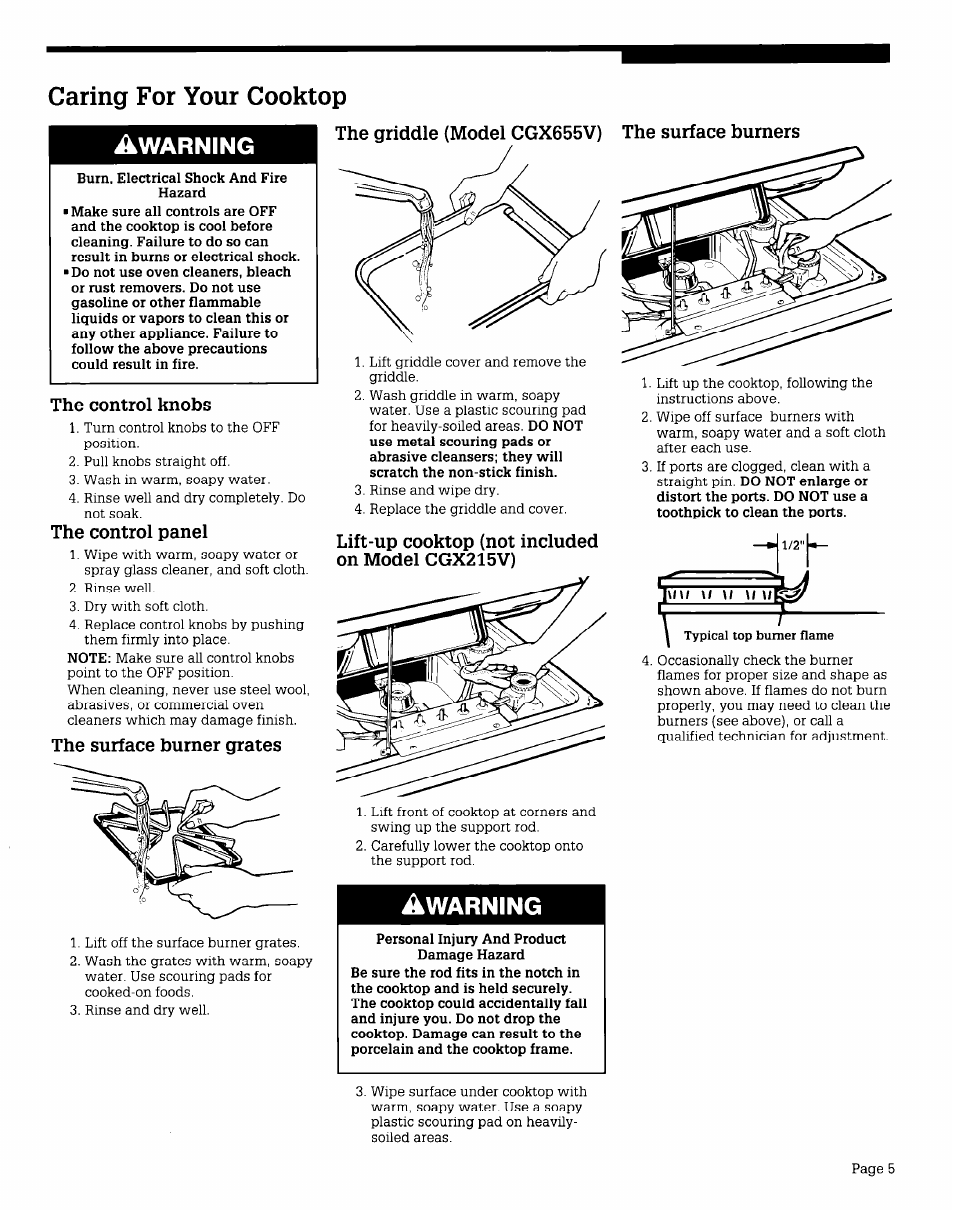 The control knobs, The control panel, The surface burner grates | Lift-up cooktop (not included on model cgx215v), Caring for your cooktop, Awarning | Whirlpool CGX655V User Manual | Page 5 / 8