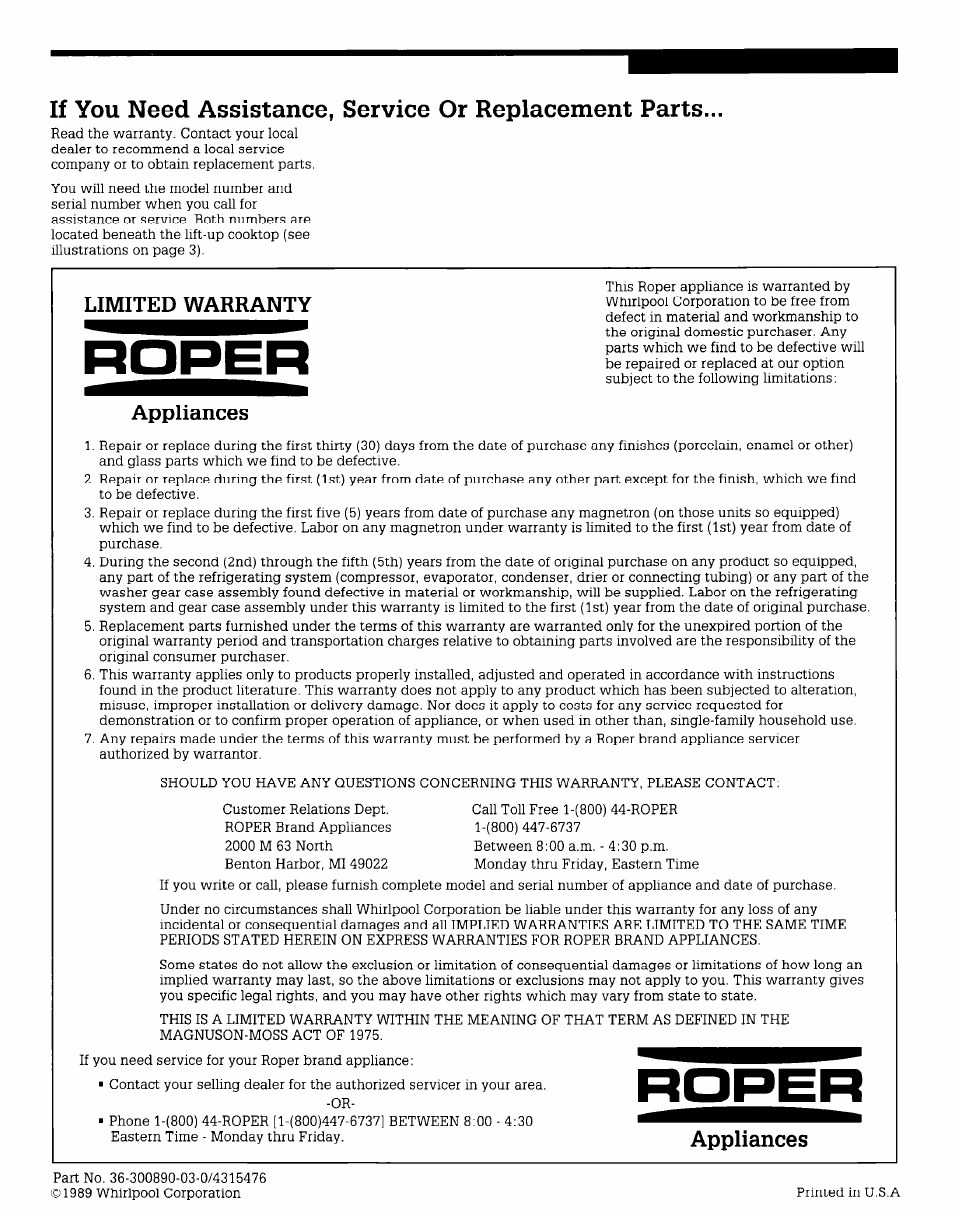 Limited warranty, Appliances | Whirlpool CGX655V User Manual | Page 8 / 8