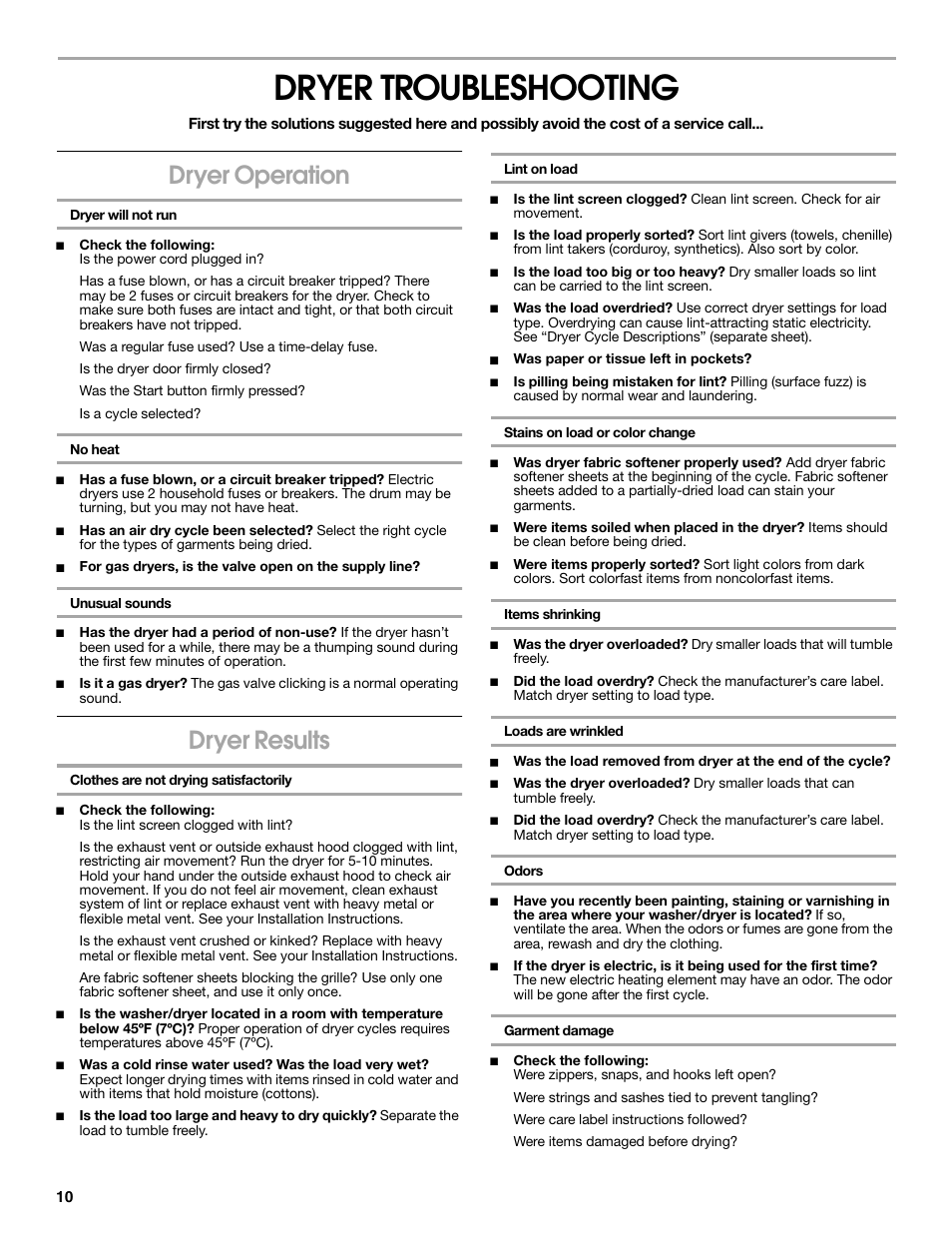 Dryer troubleshooting, Dryer operation, Dryer results | Whirlpool Conservator BYCWD6274W3 User Manual | Page 10 / 12