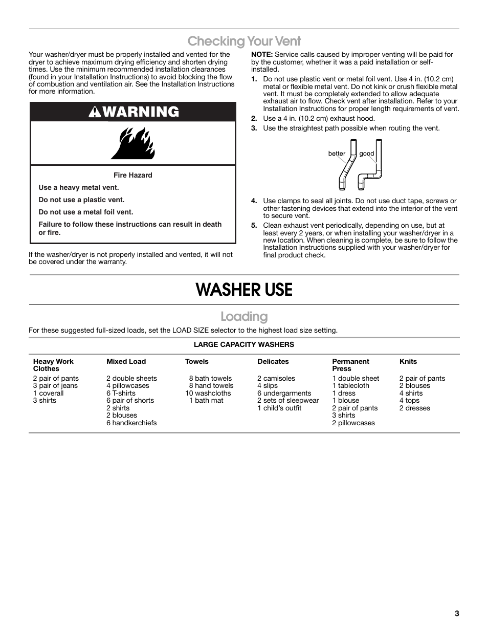 Washer use, Warning, Checking your vent | Loading | Whirlpool Conservator BYCWD6274W3 User Manual | Page 3 / 12