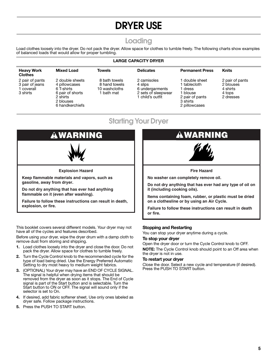 Dryer use, Warning, Loading | Starting your dryer | Whirlpool Conservator BYCWD6274W3 User Manual | Page 5 / 12