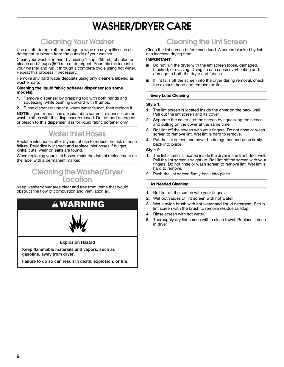 Washer/dryer care, Warning, Cleaning your washer | Water inlet hoses, Cleaning the washer/dryer location, Cleaning the lint screen | Whirlpool Conservator BYCWD6274W3 User Manual | Page 6 / 12