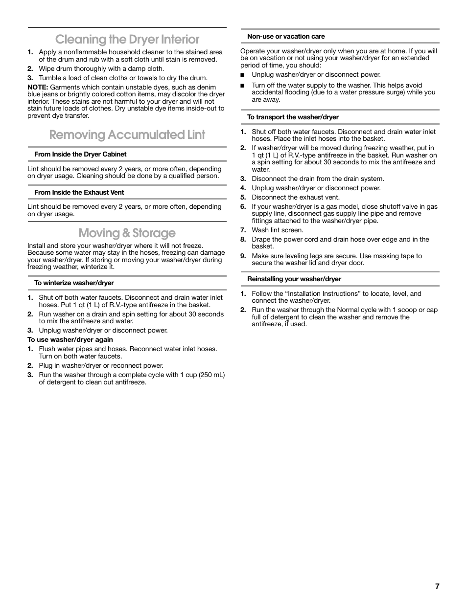 Cleaning the dryer interior, Removing accumulated lint, Moving & storage | Whirlpool Conservator BYCWD6274W3 User Manual | Page 7 / 12