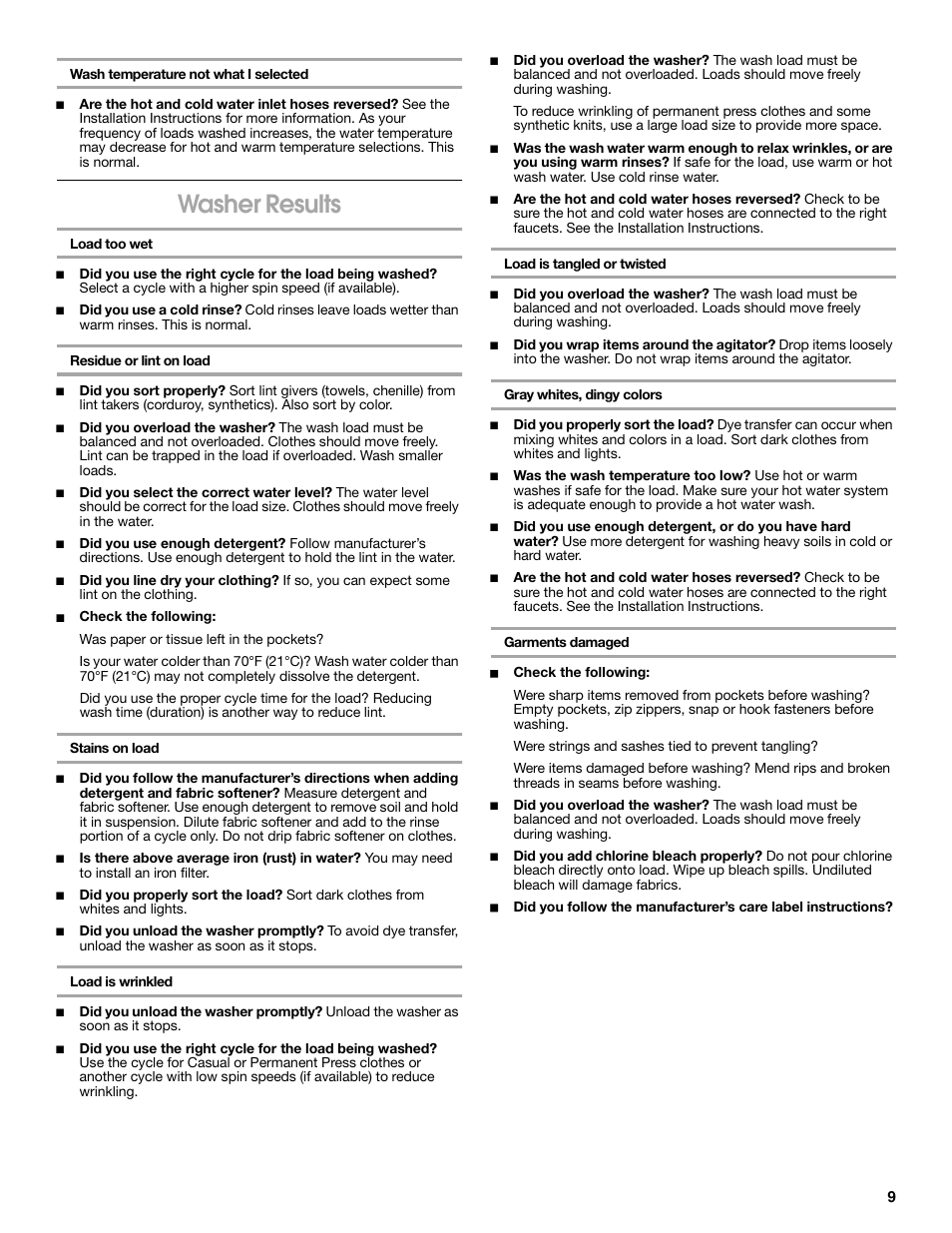 Washer results | Whirlpool Conservator BYCWD6274W3 User Manual | Page 9 / 12